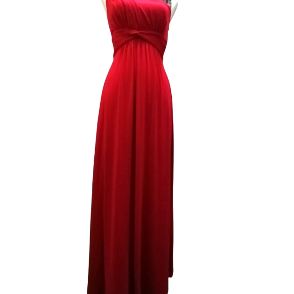 BCBG Maxazria Quenby Red Maxi gown with rouching and black lace. XS - Picture 2 of 10